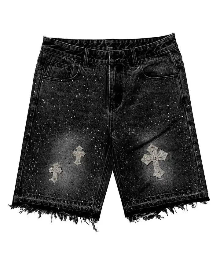 "Cross Rhinestone" Denim Shorts