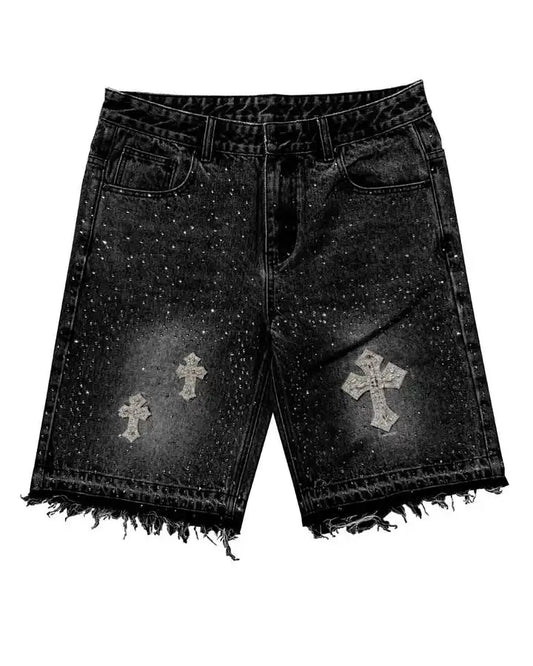 Men's "Cross Rhinestone" Denim Shorts