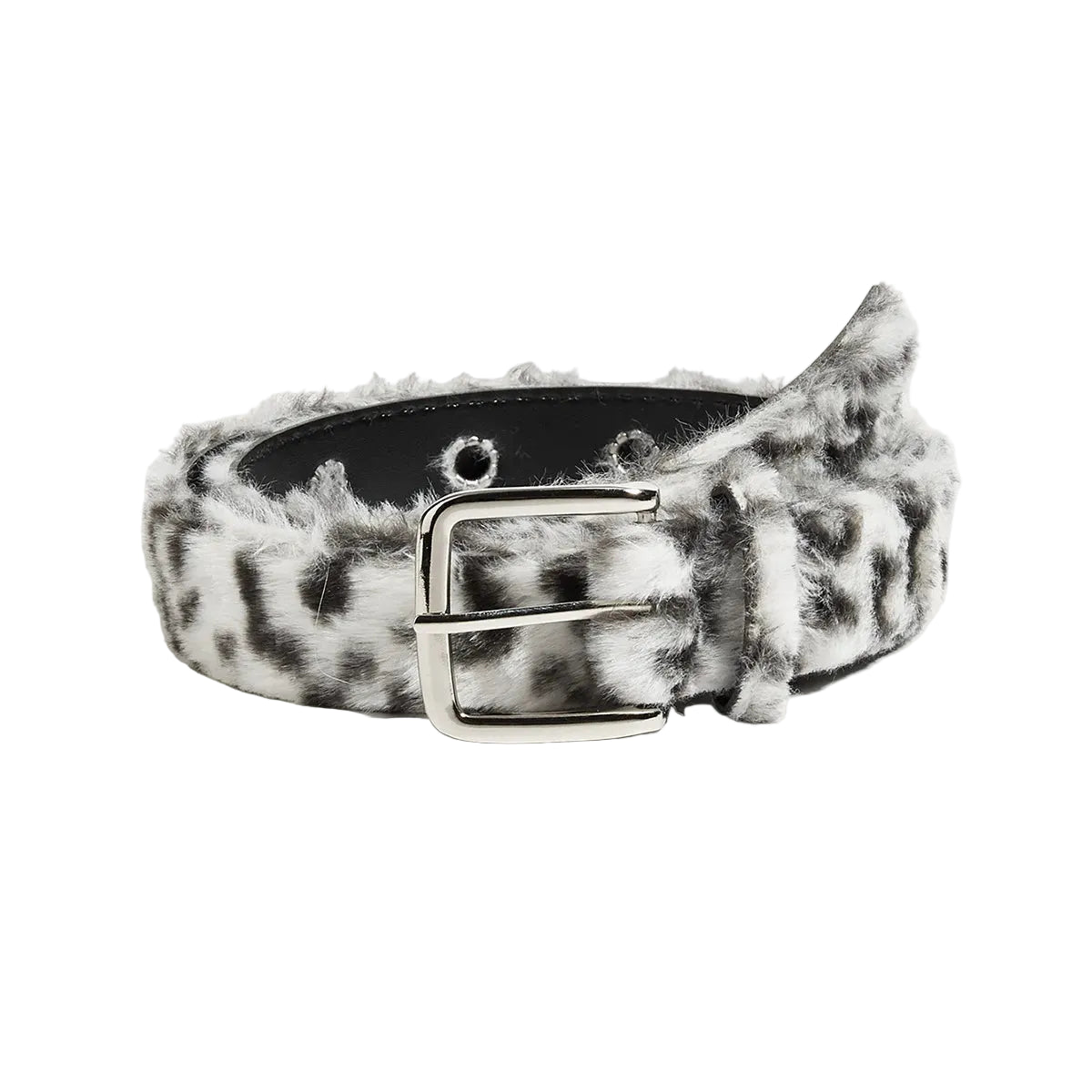 Leopard print belt with a silver buckle on a light gray background